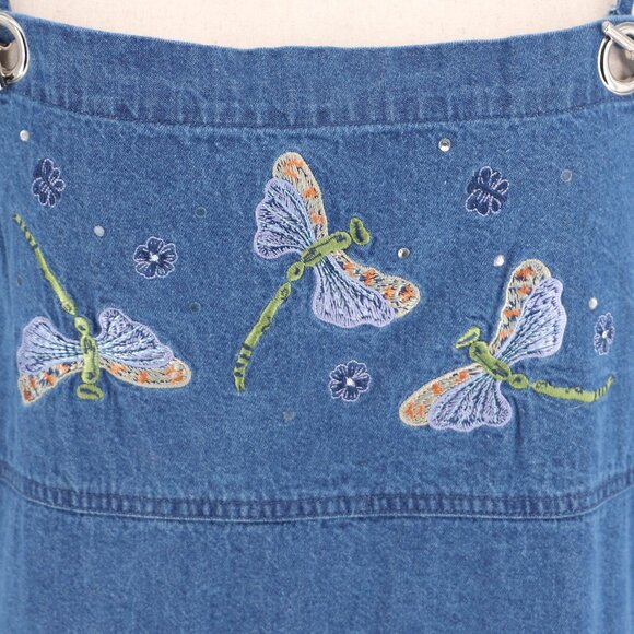 VINTAGE QUACKER FACTORY Dragonfly Embroidered Denim Maxi Overall Dress Size 16 - Picture 5 of 6
